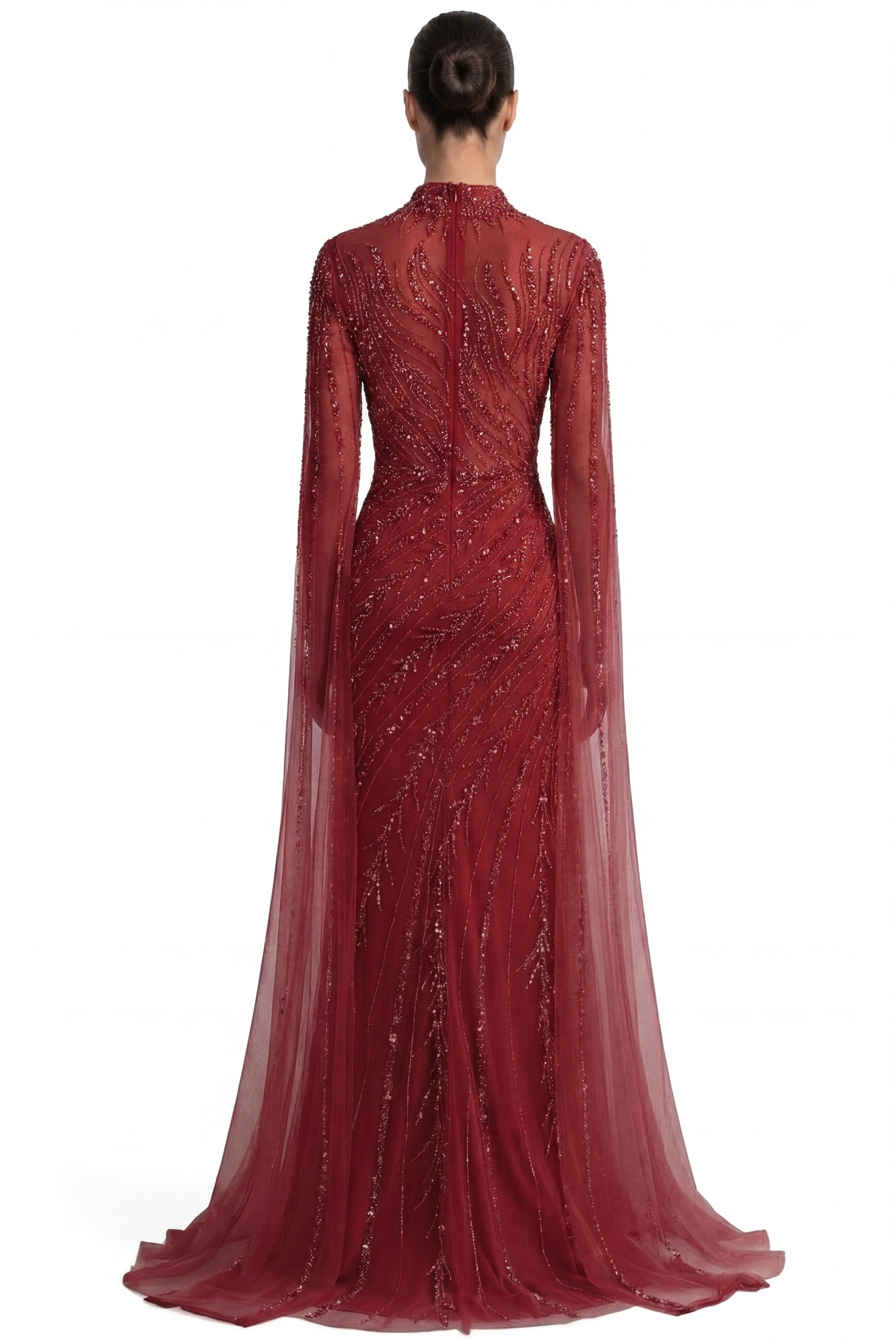 Lumière Embellished Long Sleeve Maxi Dress With Sheer Veil Sleeves - Red