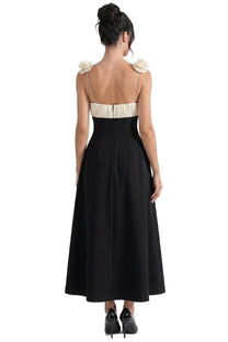 Isabeau Contrast Corset Midi Dress With Ruched Bodice And Floral Strap Detail - Black