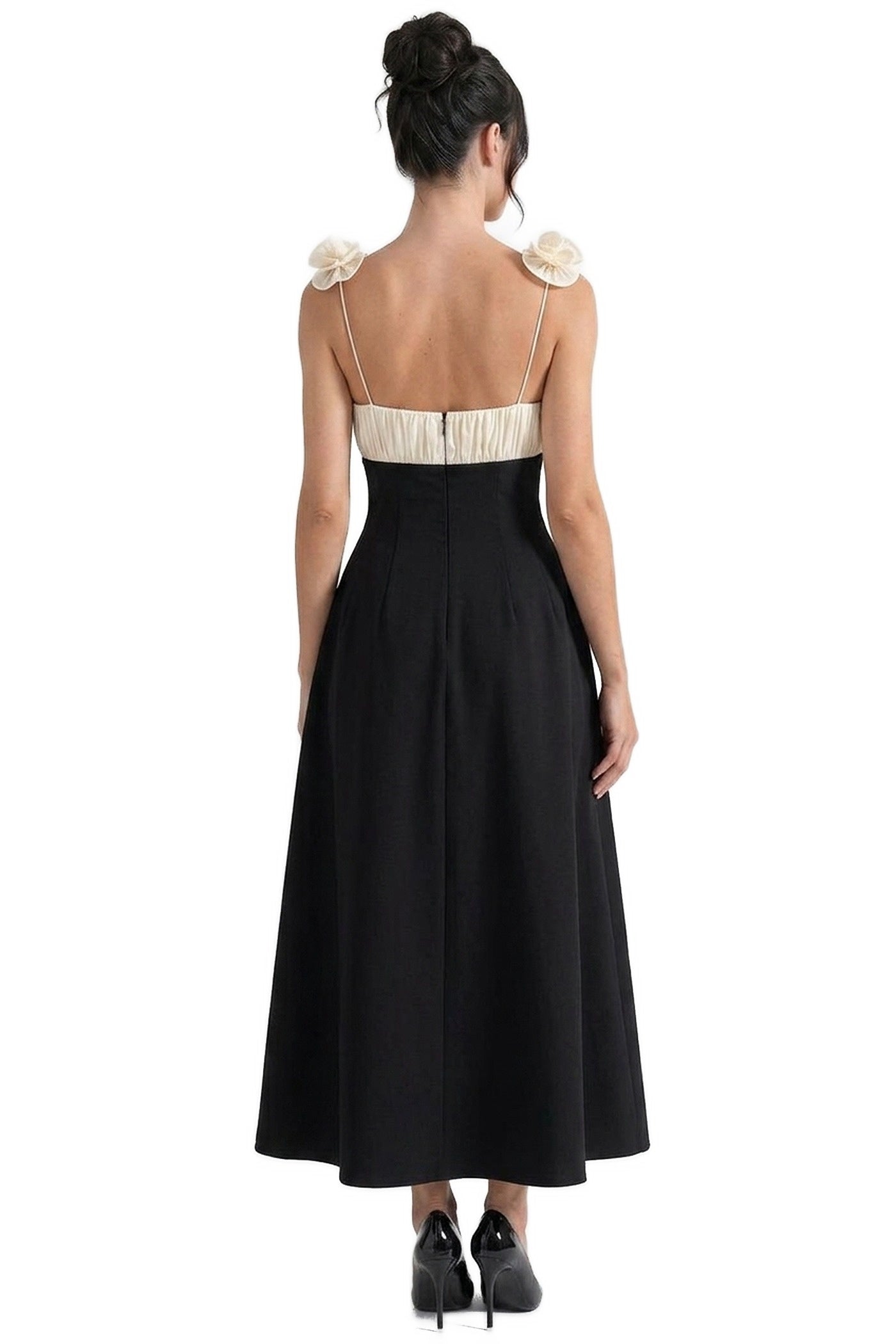 Isabeau Contrast Corset Midi Dress With Ruched Bodice And Floral Strap Detail - Black