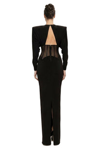 Gaëlle Long-Sleeve Gown With Sheer Boned Corset And Crystal Brooch - Black