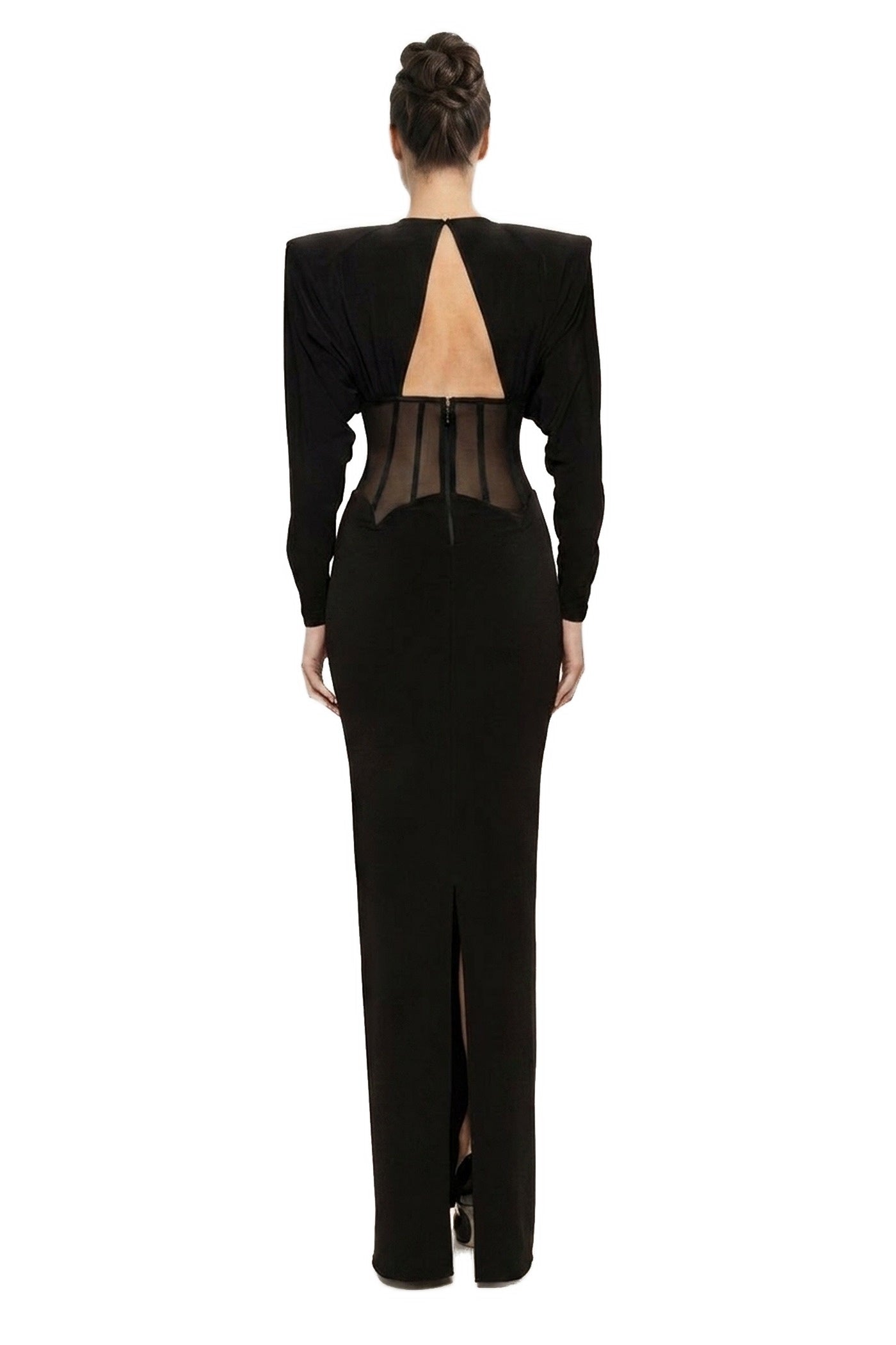 Gaëlle Long-Sleeve Gown With Sheer Boned Corset And Crystal Brooch - Black