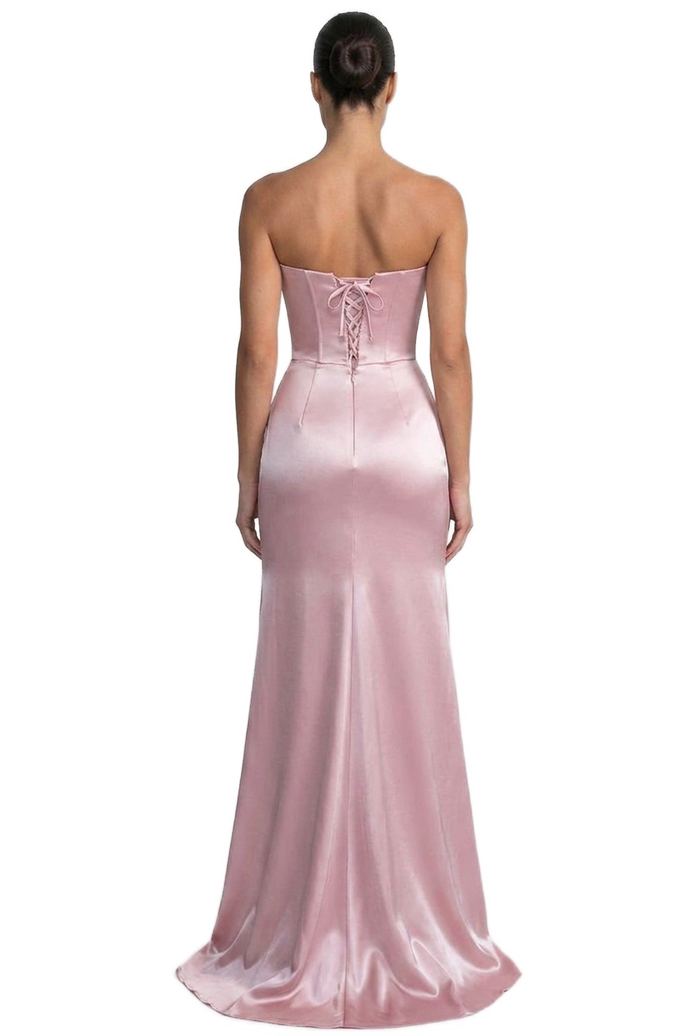 Rosalde Strapless Satin Gown With Crystal Trim And Diagonal Ruched Drape - Pink