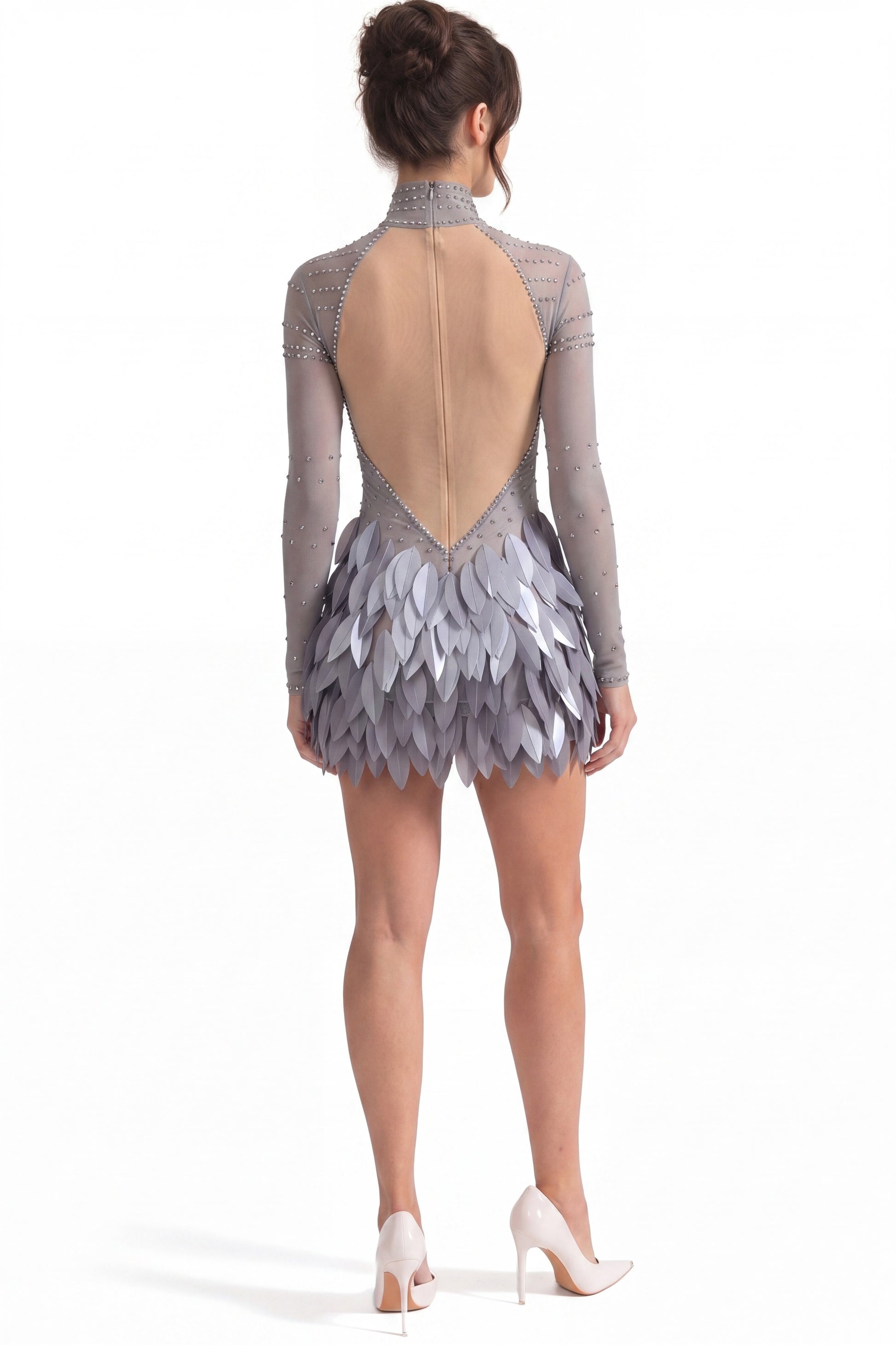 Ondine 3D Feather Mini Dress With Crystal Straps - Silver
