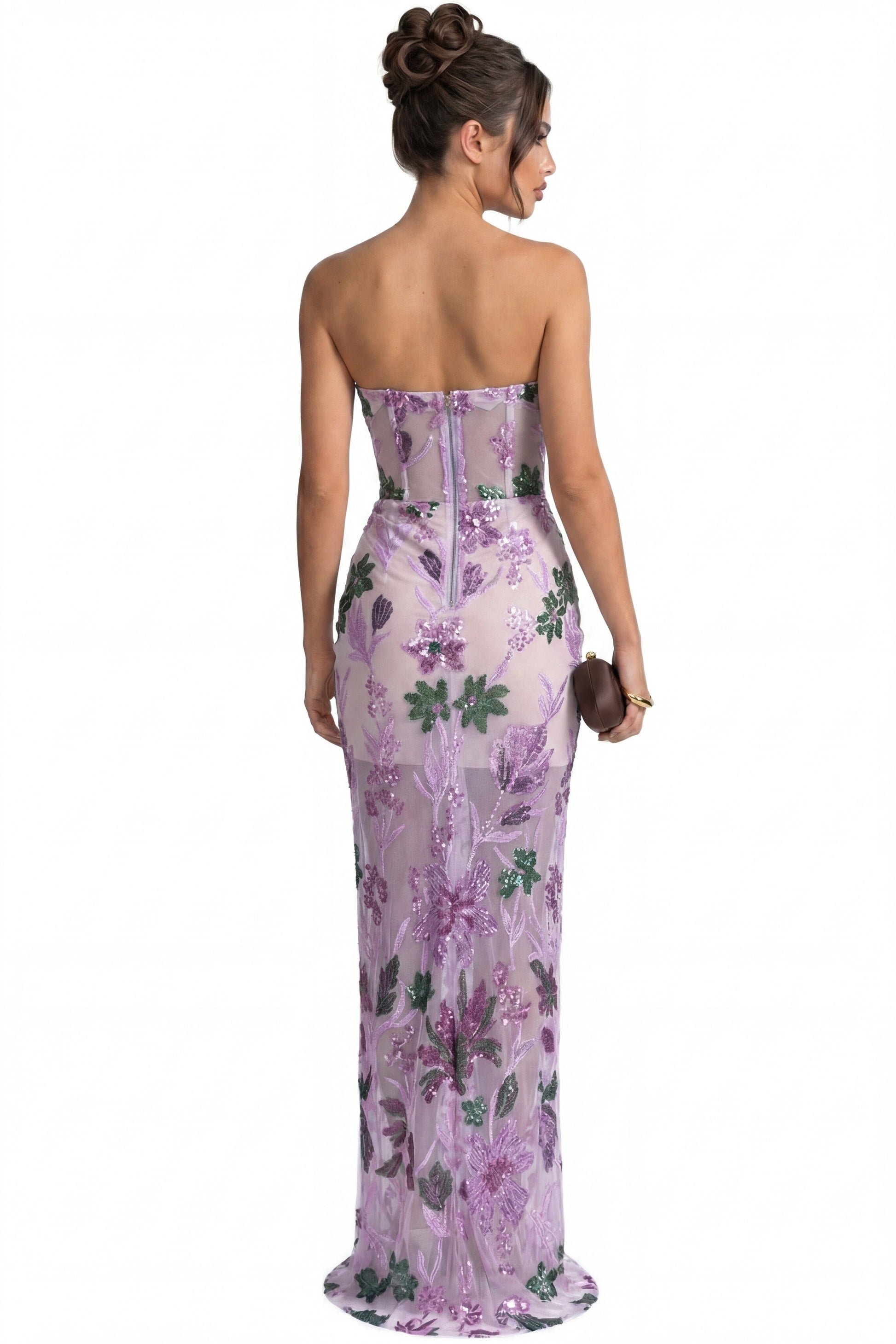 Herminie Strapless Floral Sequin Maxi Dress With Column Silhouette - Purple