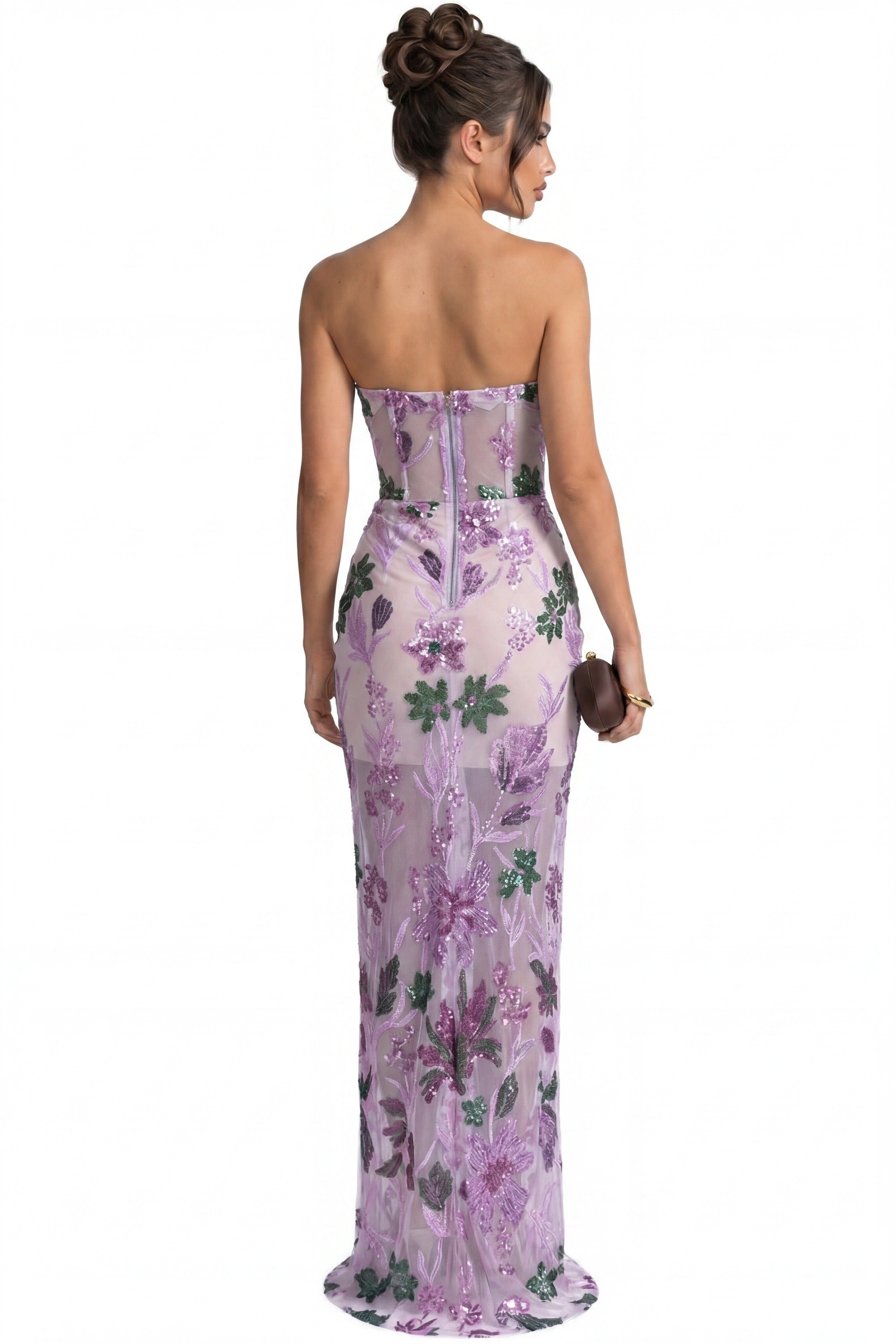 Herminie Strapless Floral Sequin Maxi Dress With Column Silhouette - Purple