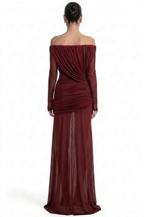 Eléonore Off-Shoulder Mesh Gown With Draped Long Sleeves - Burgundy