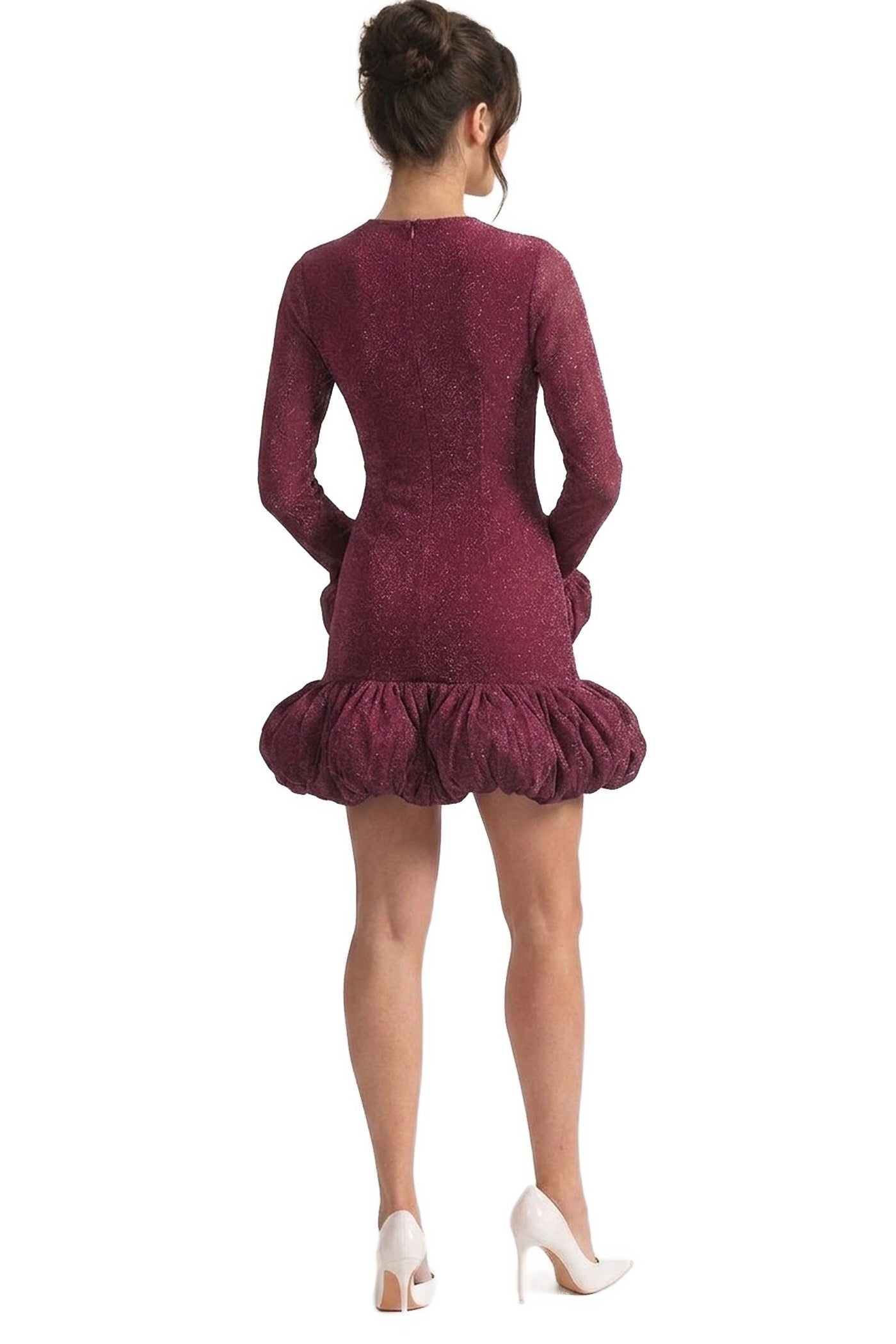 Bordeaux Glitter Knit Mini Dress With Puff Cuffs And Voluminous Bubble Hem - Wine