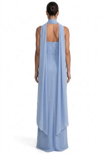 Azuria Strapless Pleated Gown With Draped Chiffon Cape - Light Blue