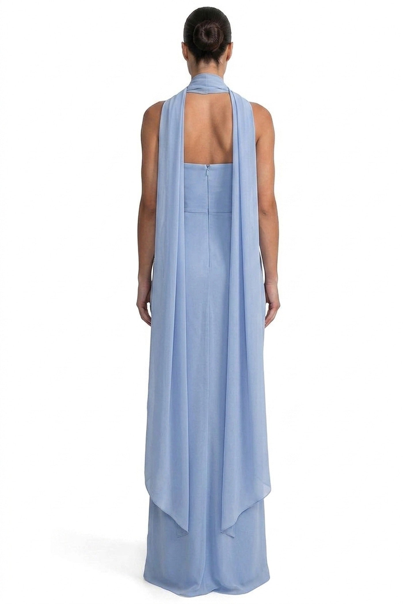 Azuria Strapless Pleated Gown With Draped Chiffon Cape - Light Blue