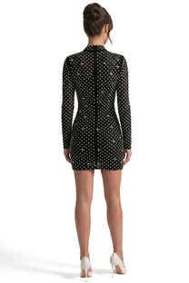 Rosaline Long-Sleeve Mini Dress With Pearl Embellishments And Bow Tie Cutout - Black