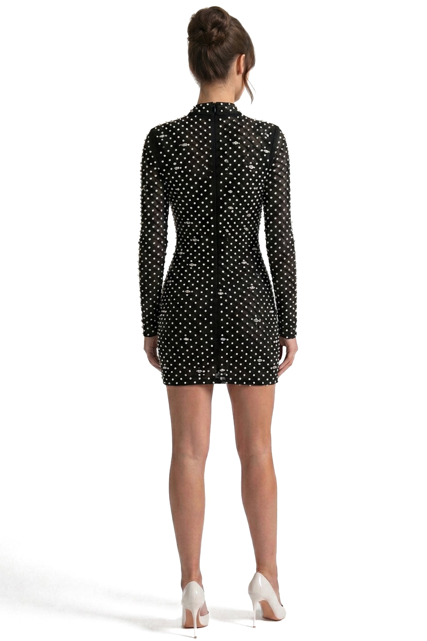 Rosaline Long-Sleeve Mini Dress With Pearl Embellishments And Bow Tie Cutout - Black