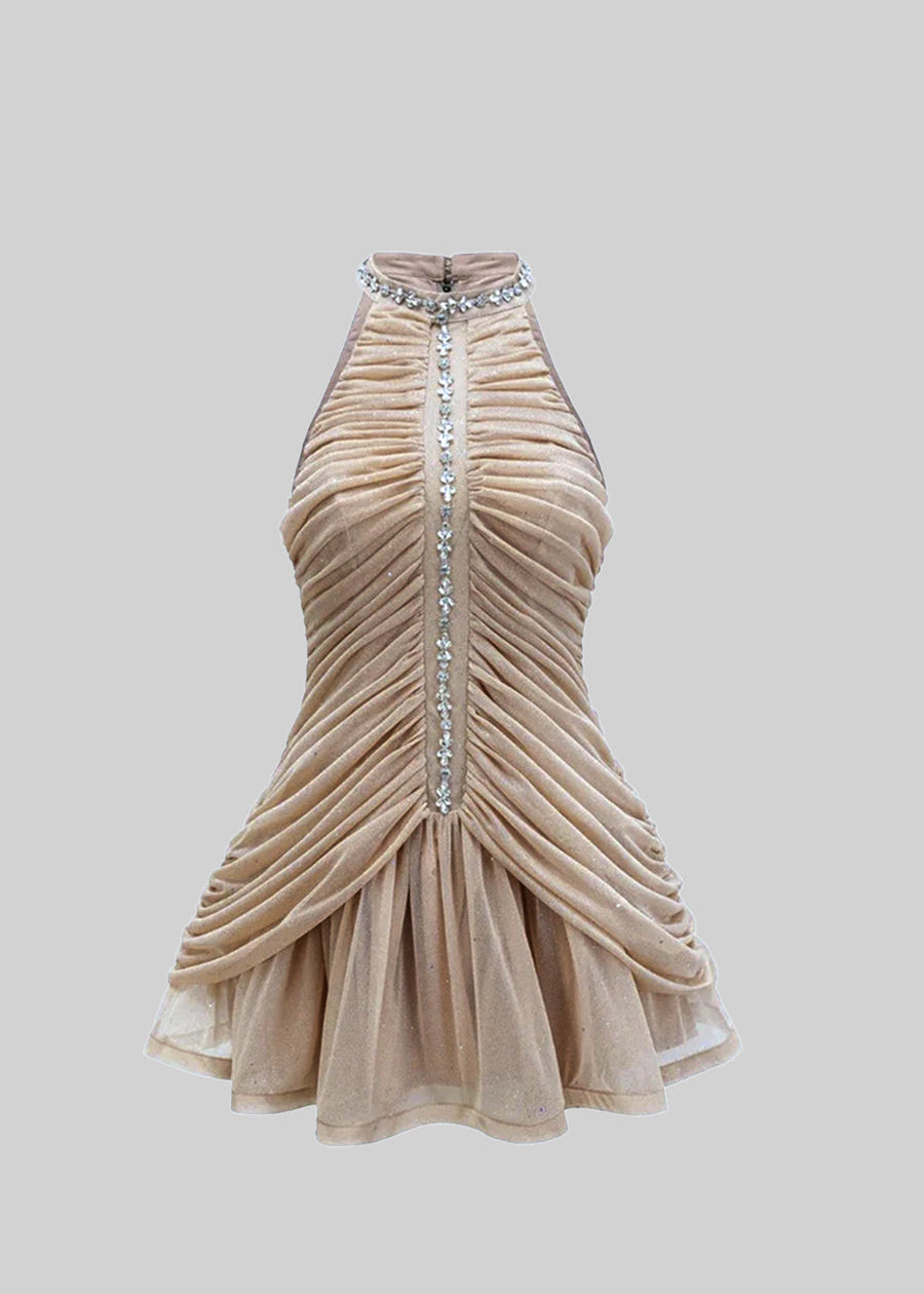 Mini Pleated Tulle Dress with Silver Accents - Beige