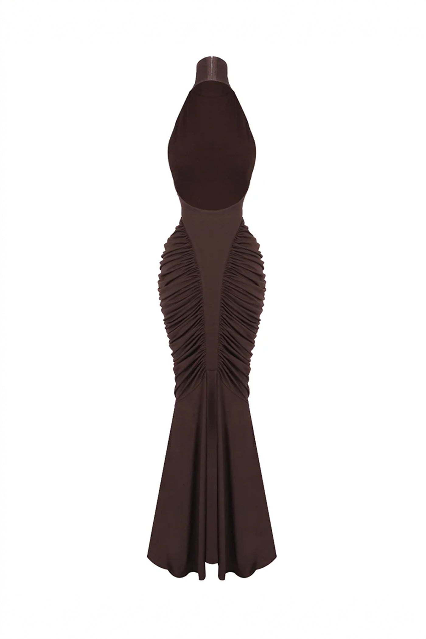 Sylvaine Halter Neck Ruched Mermaid Gown With Open Back - Brown