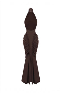Sylvaine Halter Neck Ruched Mermaid Gown With Open Back - Brown