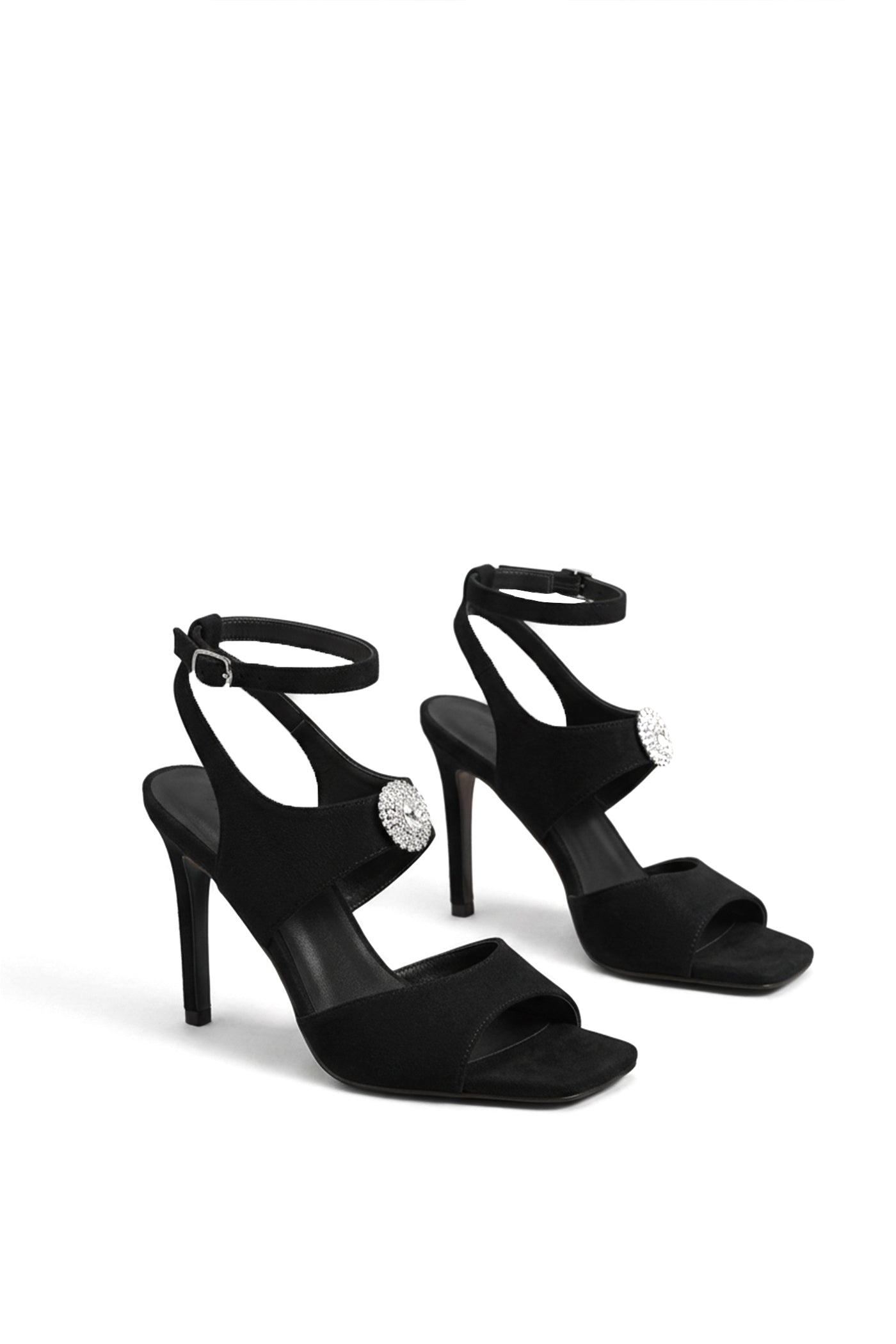 Thessaline High Heel suede Sandals With Crystal Embellishment  - Black