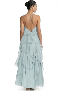 Nicolette Halter Neck Ruffled Organza Gown With 3D Rose Accent - Light blue