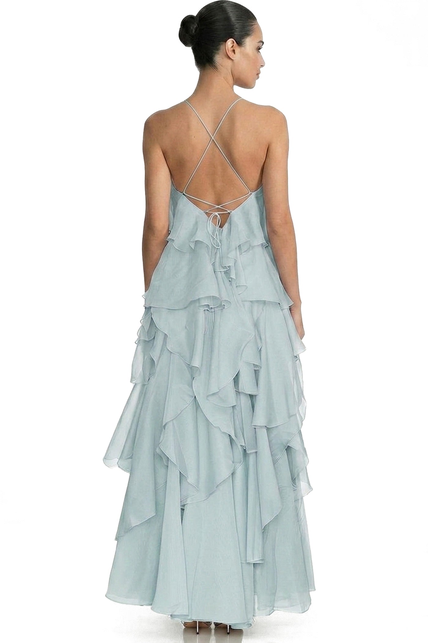 Nicolette Halter Neck Ruffled Organza Gown With 3D Rose Accent - Light blue