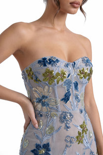 Herminie Strapless Floral Sequin Maxi Dress With Column Silhouette - Light Blue