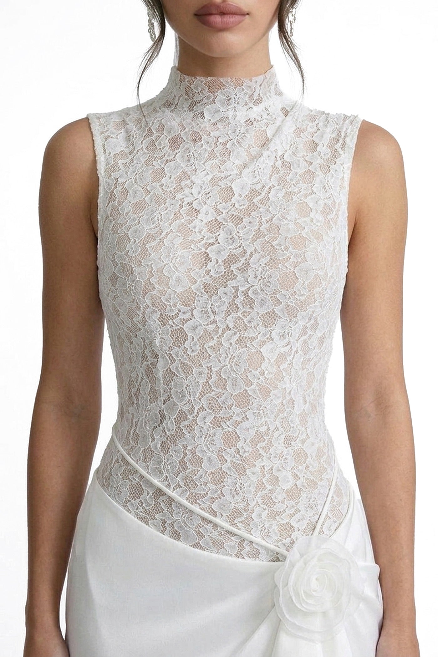 Vivienne Lace High-Neck Gown With Satin Skirt And Rose Detail - White