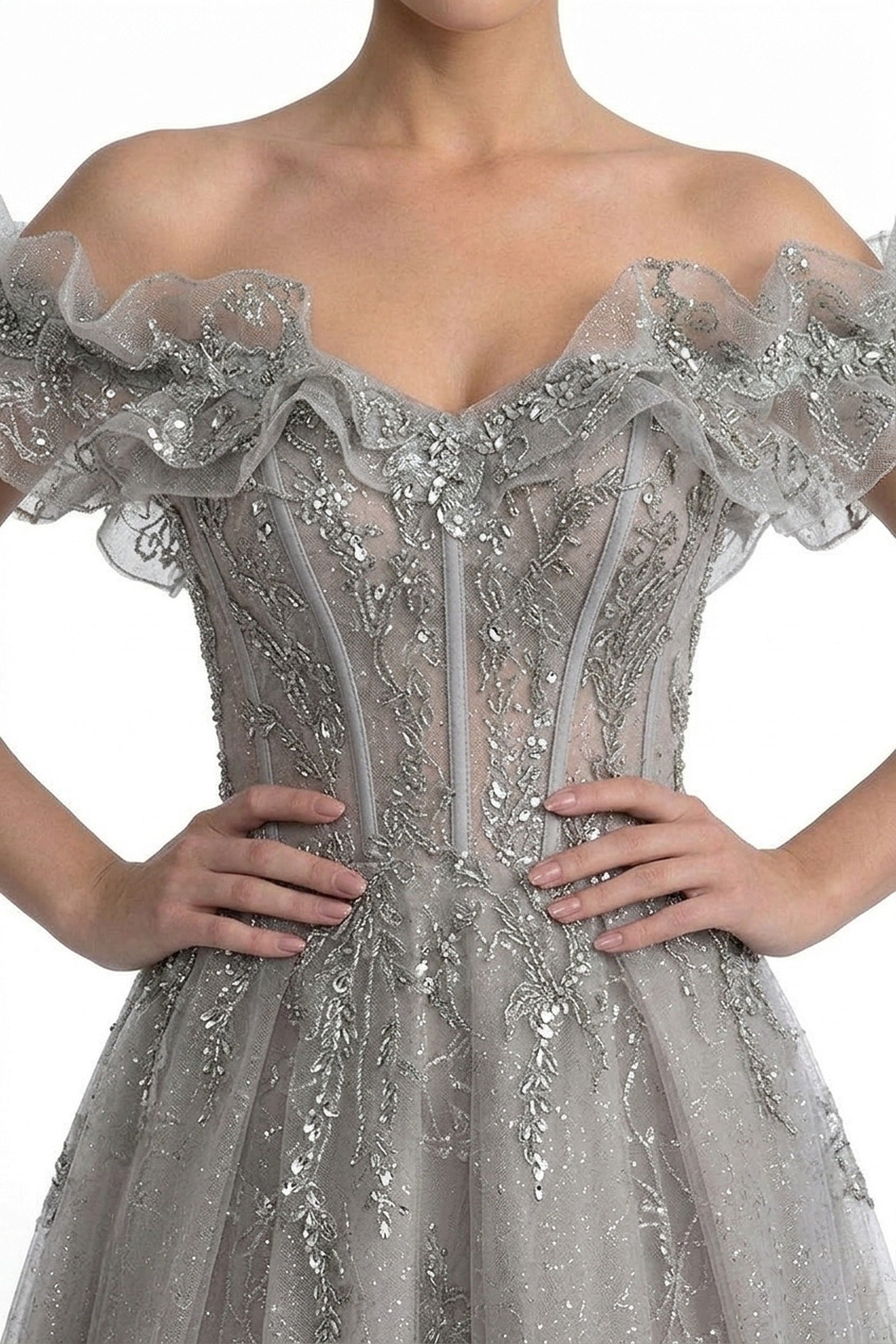 Damienne Off-Shoulder Glitter Tulle Ballgown With Beaded Corset And Ruffle Neckline - Light Gray