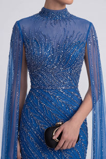Lumière Embellished Long Sleeve Maxi Dress With Sheer Veil Sleeves - Blue