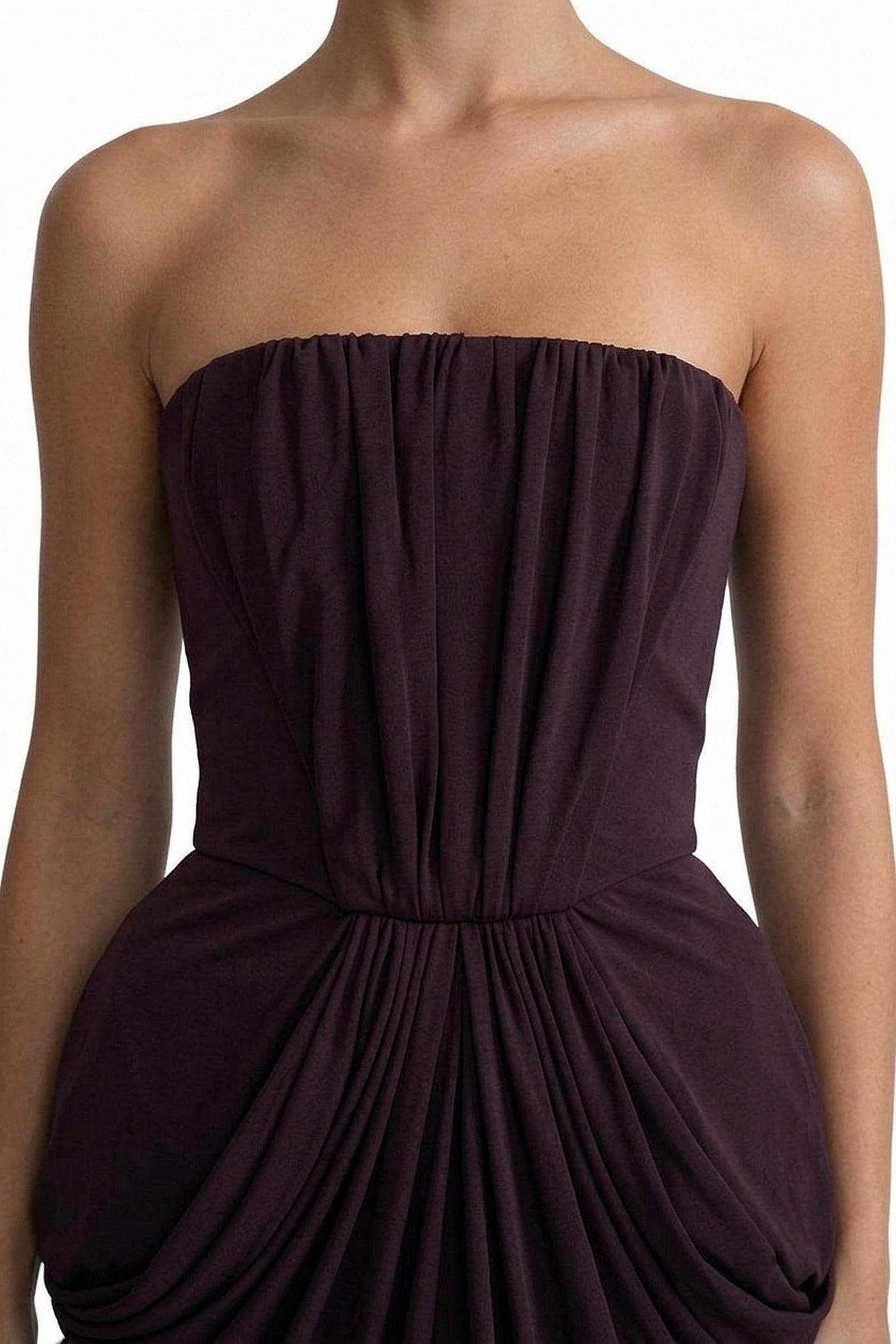 Arabelle Draped Strapless Gown With Ruched Waist Detail - Coffee
