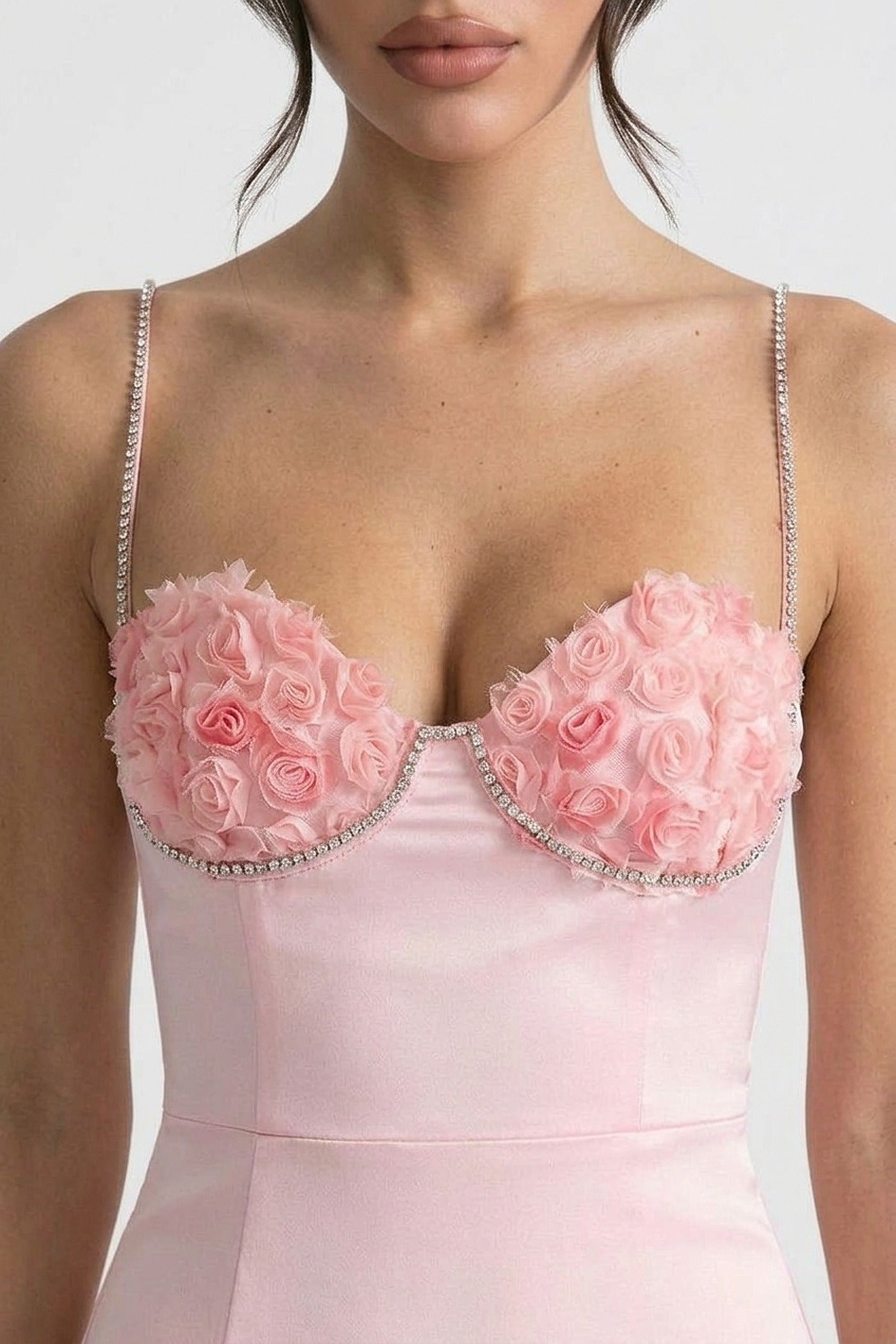 Jolie Mini Dress With 3D Rose Cups And Crystal Straps And Side Slit - Pink
