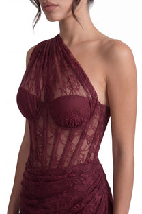 Séraphine One-Shoulder Lace Gown With Sheer Corset Bodice - Burgundy