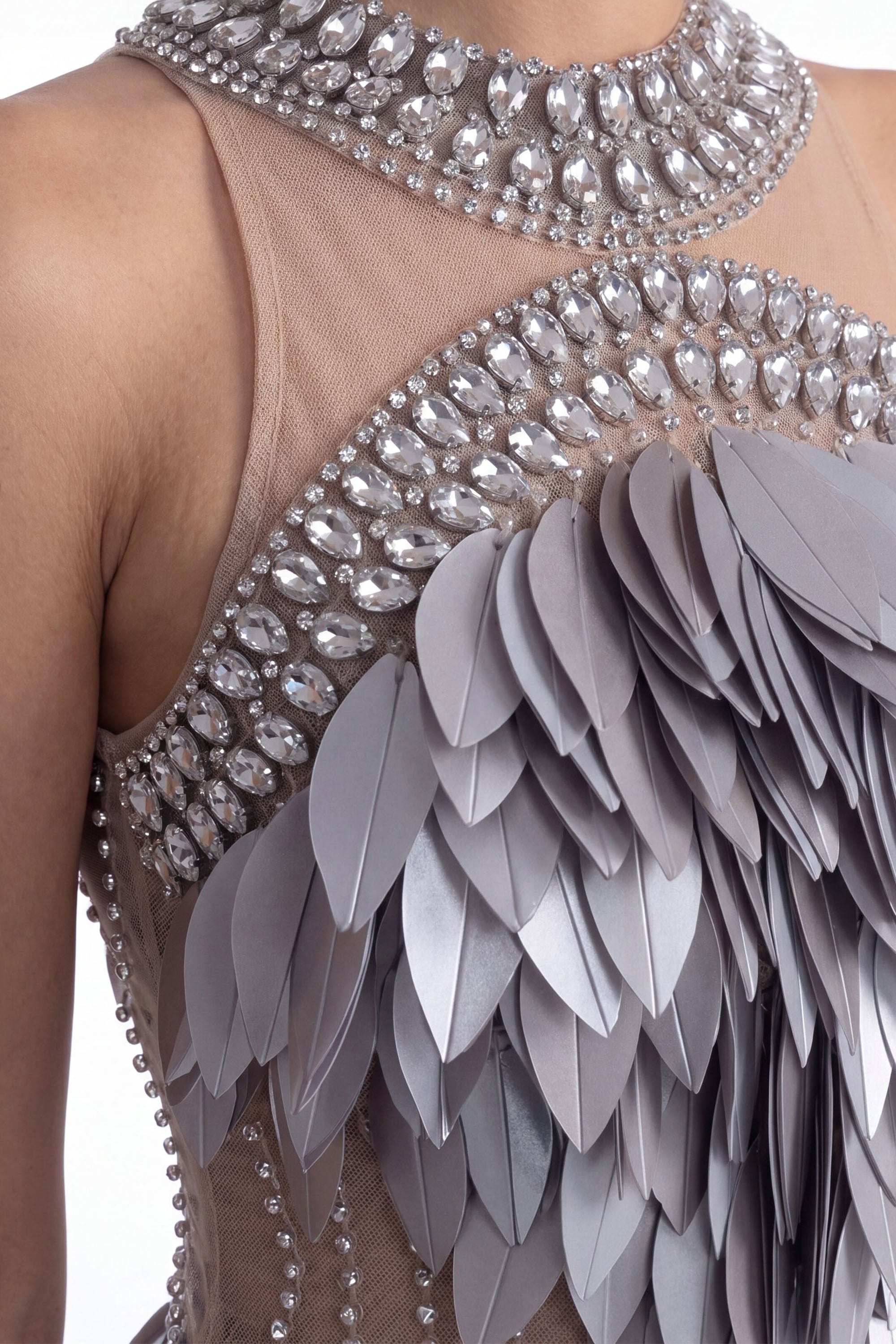 Laure Crystal-Halter Feather Mini Dress - Silver
