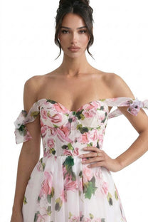 Florentine Off-Shoulder Floral Organza Dress With Corset Bodice And Bow Straps - Floral