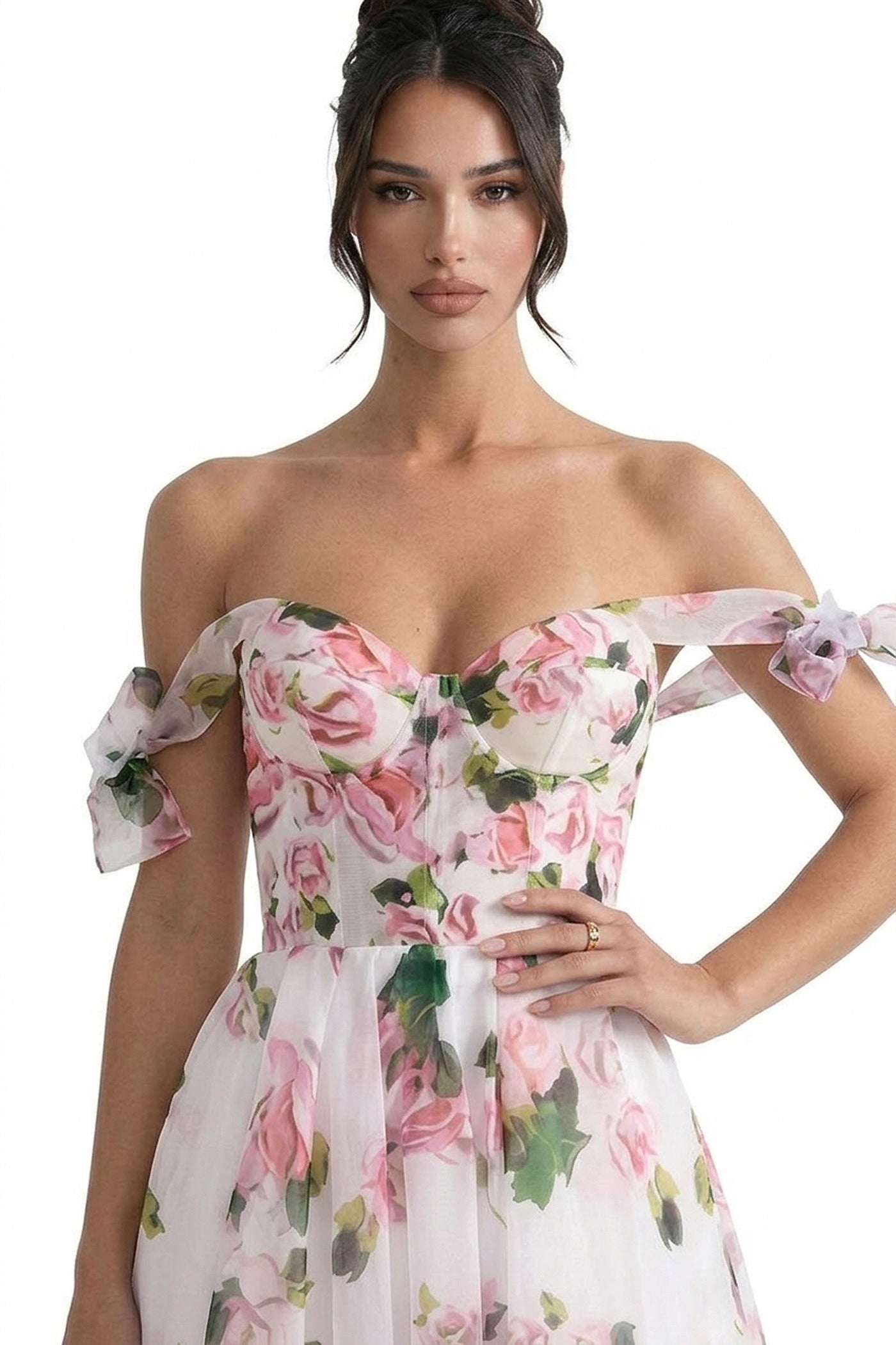 Florentine Off-Shoulder Floral Organza Dress With Corset Bodice And Bow Straps - Floral
