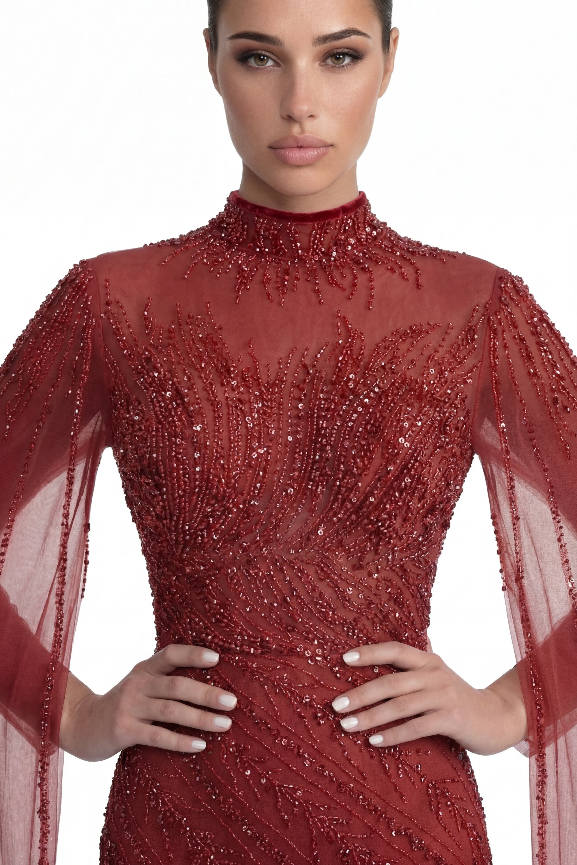 Lumière Embellished Long Sleeve Maxi Dress With Sheer Veil Sleeves - Red