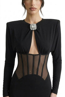 Gaëlle Long-Sleeve Gown With Sheer Boned Corset And Crystal Brooch - Black