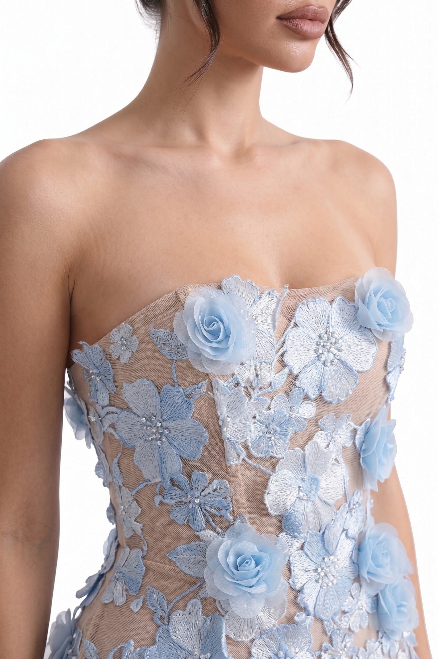 Roxane Strapless Floral Lace Mini Dress With Corset Back - Light Blue