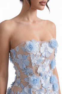 Roxane Strapless Floral Lace Mini Dress With Corset Back - Light Blue