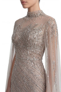 Lumière Embellished Long Sleeve Maxi Dress With Sheer Veil Sleeves - Beige
