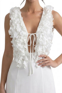 Violette Deep V Maxi Dress With Ruffled Bodice And Tie Front Detail - White