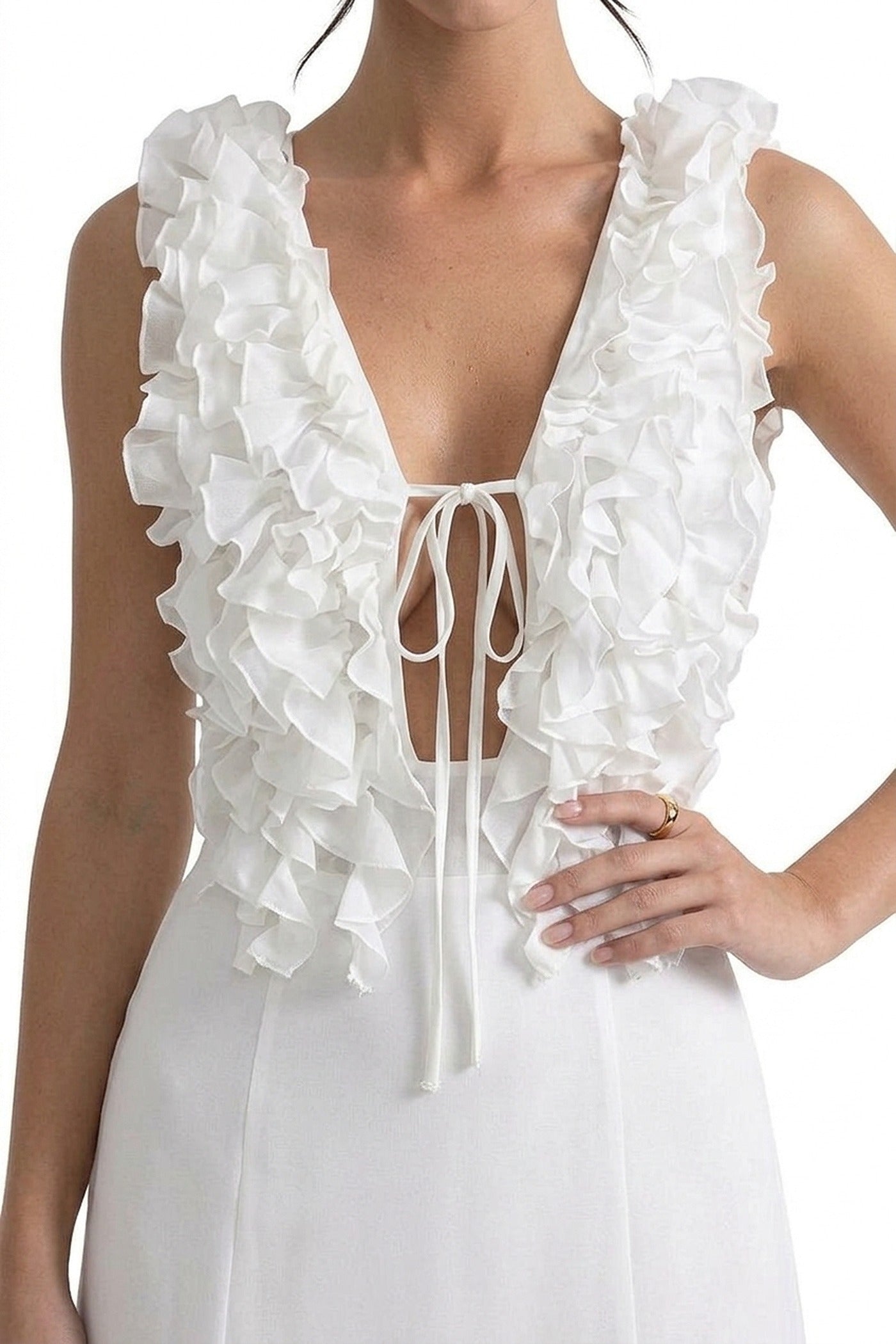 Violette Deep V Maxi Dress With Ruffled Bodice And Tie Front Detail - White