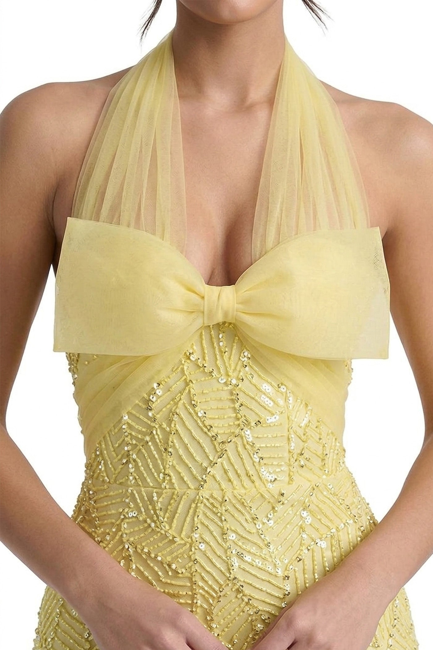 Ophélie Sequin Mermaid Gown With Tulle Halter Neck And Bow Detail - Yellow