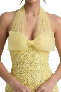 Ophélie Sequin Mermaid Gown With Tulle Halter Neck And Bow Detail - Yellow