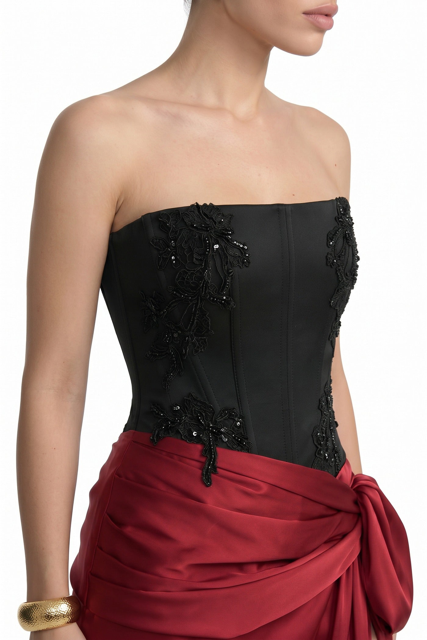 Léonie Strapless Colorblock Gown With Satin Skirt And Bow Tie - Black/Red