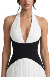 Agathe Halter Neck Pleated Gown With Contrast Corset Waistband - White