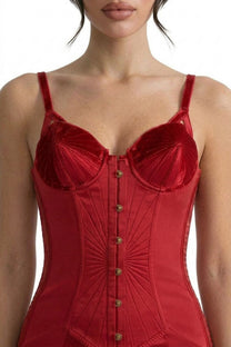 Yolande Satin Midi Dress With Velvet Corset Bodice And Button Front - Red