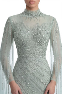 Lumière Embellished Long Sleeve Maxi Dress With Sheer Veil Sleeves - Teal