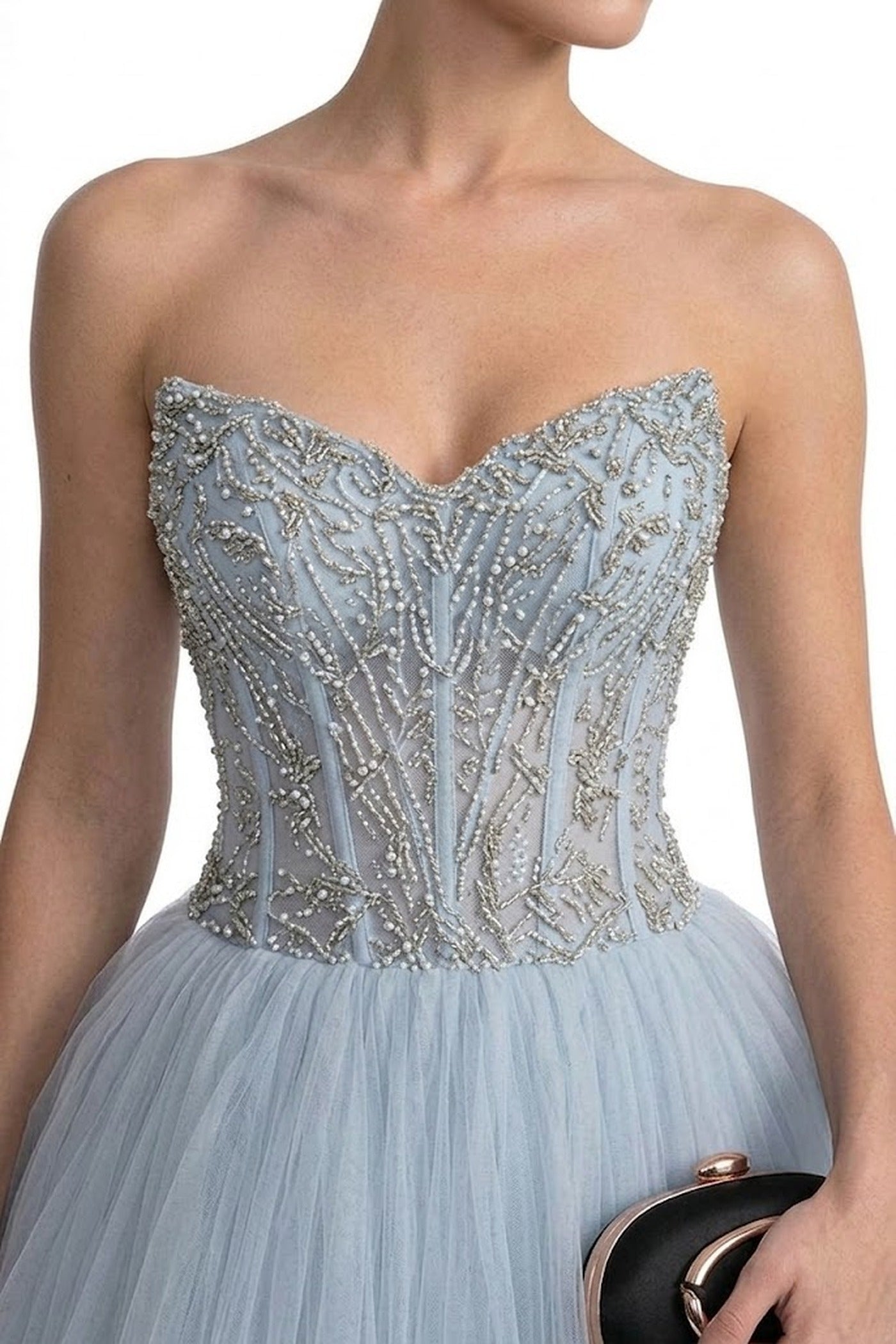 Azalée Strapless Tulle Ballgown With Crystal Beaded Corset Bodice - Light Blue