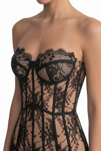 Margot Spaghetti-Strap Lace Corset Mini Dress With Nude Underlining - Black
