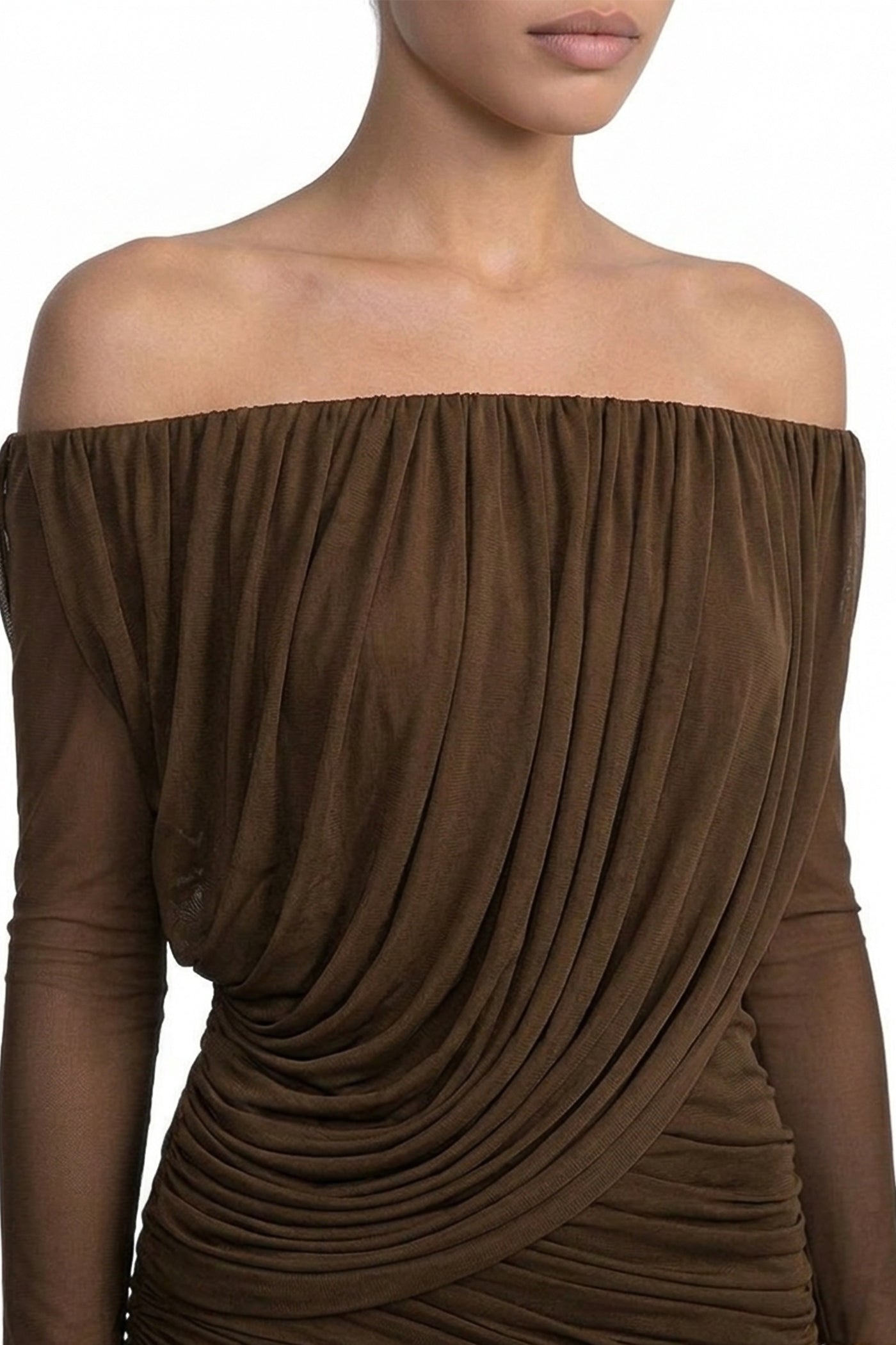 Eléonore Off-Shoulder Mesh Gown With Draped Long Sleeves - Coffee