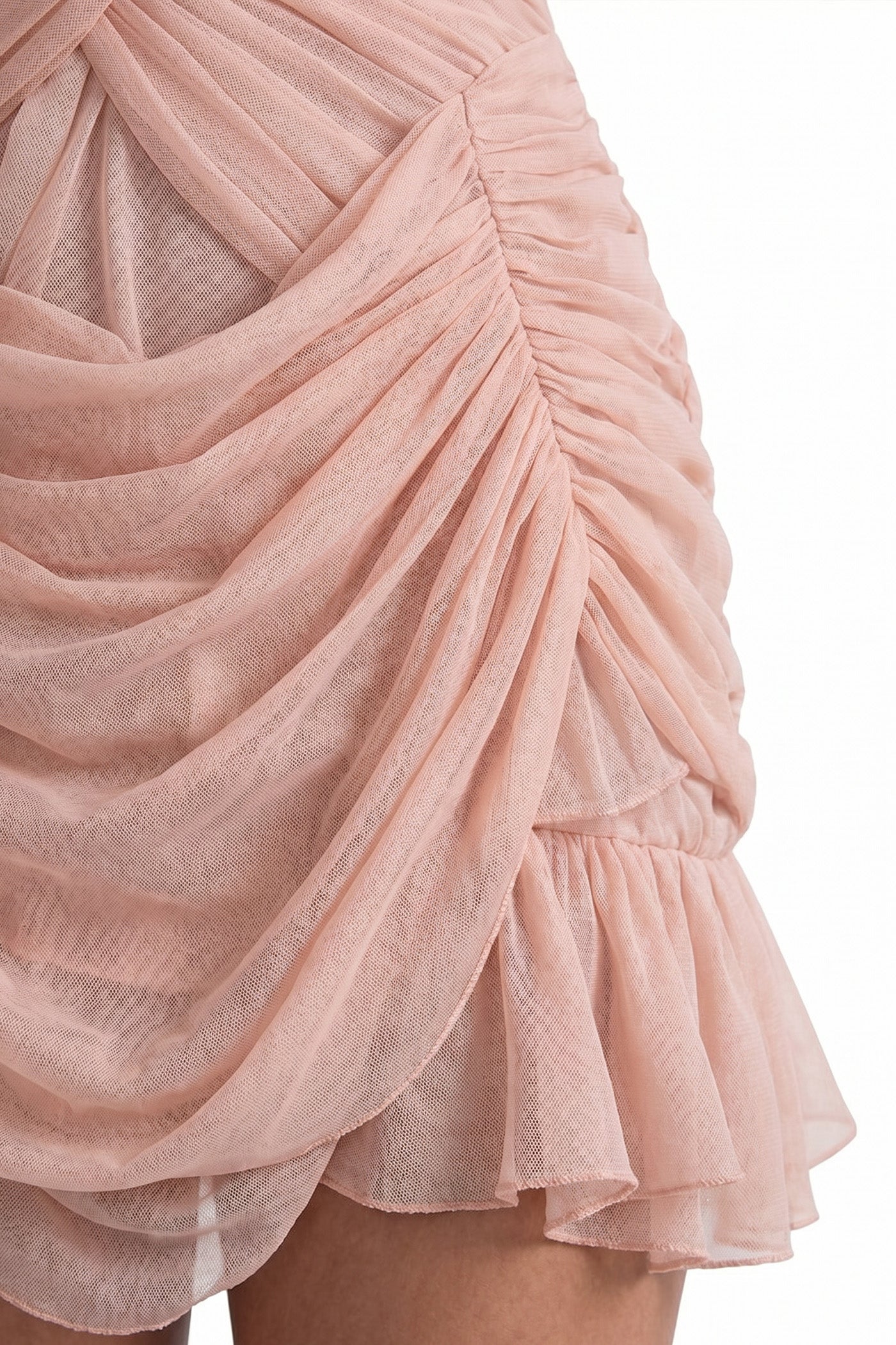 Théa High-Neck Ruched Mini Dress With Side Ruffle - Peach