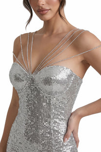 Mélisande Sequin Maxi Dress With Multi-Strap Neckline - Silver