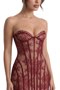 Célindre Strapless Lace Maxi Dress With Sweetheart Corset - Burgundy